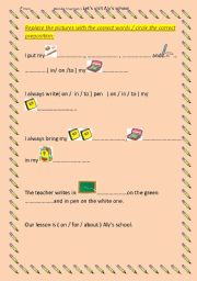 English worksheet: school  ( vocabulary + some prepositions)