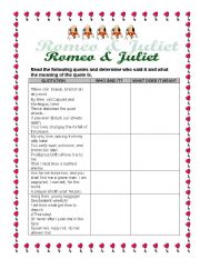English Worksheet: Shakespeare - Romeo & Juliet - Quotable Quotes