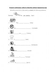 English worksheet: Present continuous to describe actions happening now