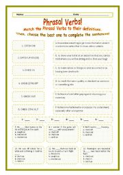 English Worksheet: > Phrasal Verbs Practice 09! > --*-- Definitions + Exercise --*-- BW Included --*-- Fully Editable With Key!