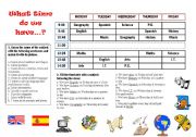 English Worksheet: Timetable, subjecs and the time.