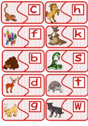 English Worksheet: animals matching card game with initial sound