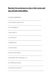 English worksheet: Reordering sentences to get a description