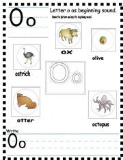 English Worksheet: ABC Letter Oo as beginning sound and sentences