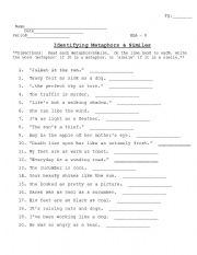 English Worksheet: Identifying Similes & Metaphors