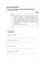 Sheet on reading comprehension, grammar and vocabulary related to