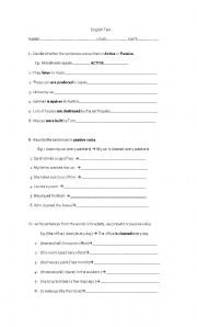 English worksheet: passive voice present and passive test