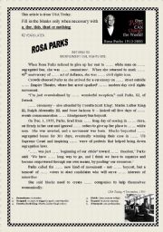 English Worksheet: ROSA PARKS  (Fill in the blanks with a, the, this, that or nothing)