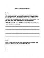 English worksheet: Aztec Journal Response