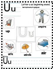 English Worksheet: ABC letter Uu as beginning sound and sentences