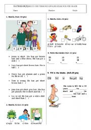 English Worksheet: 4th grade exam including toys, adjectives, describing people and numbers