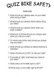 English worksheet: bike safety quiz