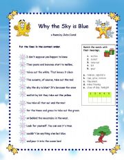 English Worksheet: Poem - Why the sky is blue + vocabulary matching + key