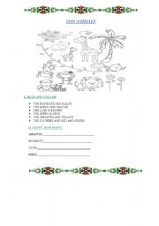 English Worksheet: FUNNY ZOO ANIMALS TO PRACTISE COLOURS AND NUMBERS