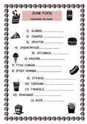 English Worksheet: Junk Food Unscramble the Words