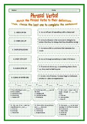 English Worksheet: > Phrasal Verbs Practice 10! > --*-- Definitions + Exercise --*-- BW Included --*-- Fully Editable With Key!