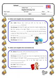 English Worksheet: Listening test Shops and Places in town + Giving Directions (with Key)