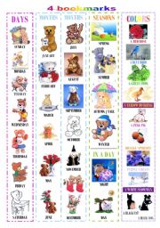 English Worksheet: 4 tender bookmarks on vocabulary (days, months, seasons and colors)