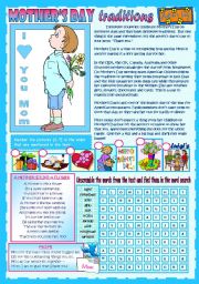 English Worksheet: MOTHER´S DAY (TRADITIONS) + WORD SEARCH+ 2 POEMS