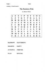 English Worksheet: The Rainbow Fish - word search