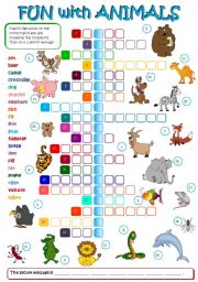 English Worksheet: Fun with animals (B&W + KEY included)