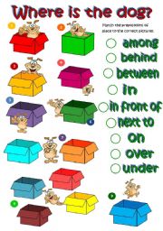 English Worksheet: Wheres the dog? - prepositions of place (B&W included)