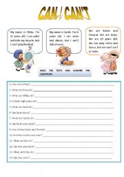 English Worksheet: CAN / CANT READING AND COMPREHENSION