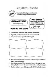 English worksheet: Musical Bingo