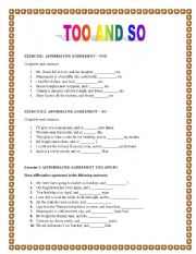 English Worksheet: TOO AND SO