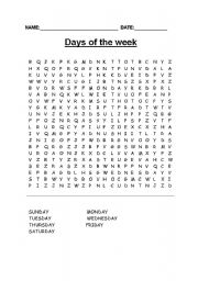 English Worksheet: Days of the week wordsearch