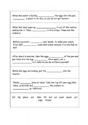 English Worksheet: How to cook soft boiled egg and soldiers.