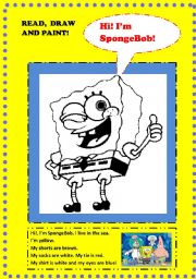 English Worksheet: SPONGEBOB . READ AND COLOUR