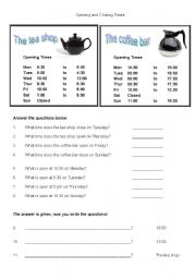 English worksheet: Opening and closing times.