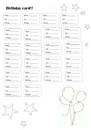 English worksheet: birthday card
