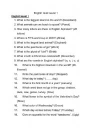 English worksheet: English Quiz level 1