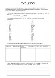 English worksheet: TXT Lingo Expressions (SMS and Chat Vocabulary)