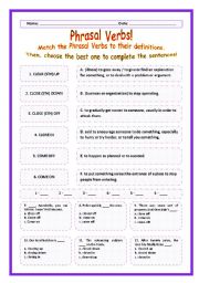 English Worksheet: > Phrasal Verbs Practice 12! > --*-- Definitions + Exercise --*-- BW Included --*-- Fully Editable With Key!