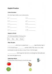 English worksheet: Ordinal Numbers, Sequence words, Salad Ingredients