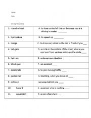 English worksheet: Driving Vocabulary