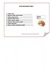 English worksheet: likes and dislikes find someone who
