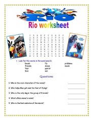 Rio the movie-worksheet (Game and comprehension questions)