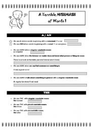 English worksheet: A Terrible Mishmash of Words 1: a/an, the, no article