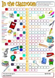 English Worksheet: In the classroom - school supplies (B&W + KEY included)