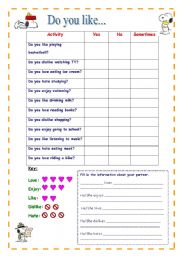 English Worksheet: Do you like... 2 pages, pairs speaking activity