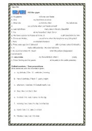 English worksheet: Was / Were (Ordinal numbers / Time prepositions)