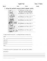 English worksheet: Test prepositions- introduction-linking words