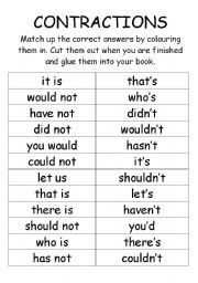 English worksheet: Contractions cut and paste