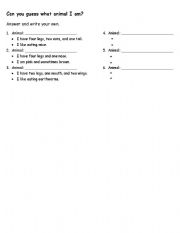 English worksheet: guess animal from description: reading and writing exericise