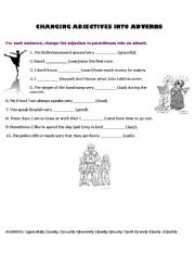 English worksheet: turning adjectives into adverbs