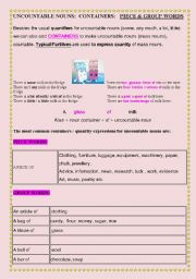 English Worksheet: UNCOUNTABLE NOUNS: CONTAINERS